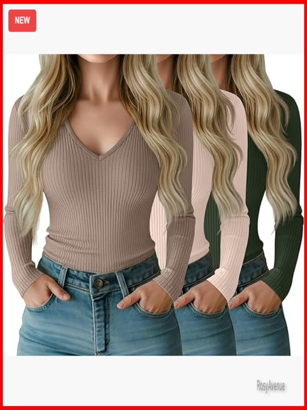 3 Pack Long Sleeve V Neck Ribbed Knit Tops Slim Fit Cotton Tees
